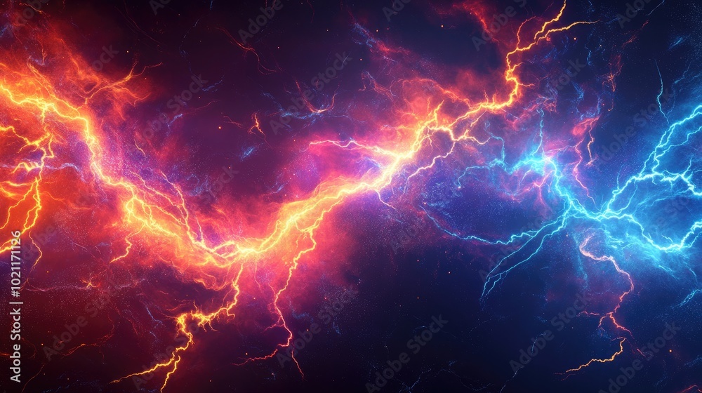 Abstract cosmic storm with vibrant blue and orange lightning striations illuminating a dark space background. Abstract cosmic storm with vibrant blue and orange lightning striations illuminating a dark space background.