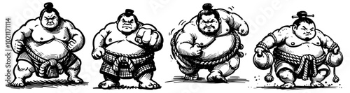 dynamic sumo wrestler illustrations in various poses black vector