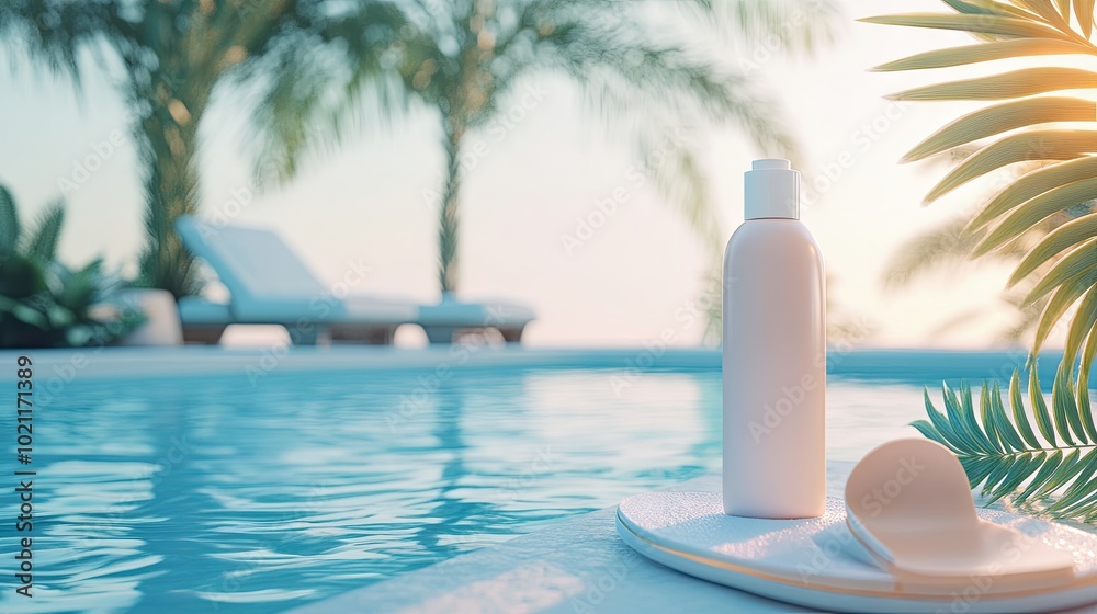 Obraz premium A serene tropical setting featuring a blank bottle of sunscreen by the poolside, surrounded by lush greenery and calm water.