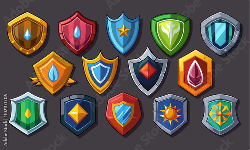 Download A Collection Of Various Shields, Showcasing A Diverse Range Of Designs And Colors. Set Of  Different Isolated Shields With Transparent Backgrounds . This Icon Concept Isolated Premium Vector.