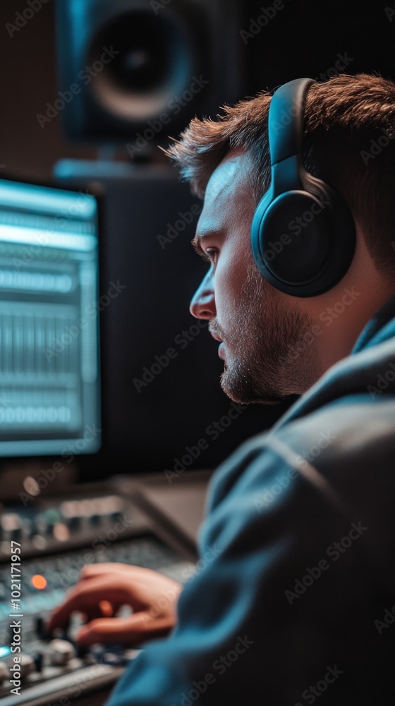 A male sound engineer sits at the console in a recording studio A male sound engineer sits at the console in a recording studio