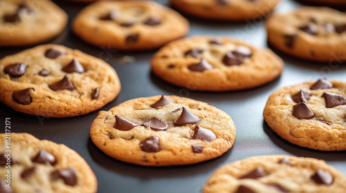 Close-up of classic soft and chewy chocolate chip cookies in a tray. The round shape makes the cookies look more classic.