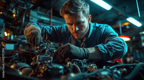 A focused young Caucasian man wearing gloves, diligently repairing an engine in a dimly lit workshop.