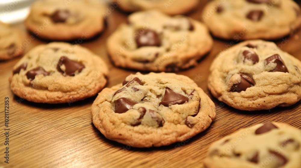Close-up of classic soft and chewy chocolate chip cookies in a tray. The round shape makes the cookies look more classic. Close-up of classic soft and chewy chocolate chip cookies in a tray. The round shape makes the cookies look more classic.