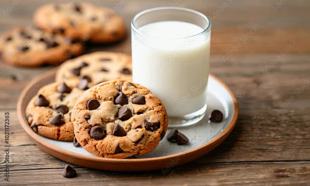 Chocolate chip cookies on a plate with a glass of milk, homey vibe Chocolate chip cookies on a plate with a glass of milk, homey vibe