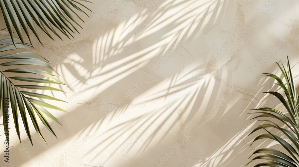 Fototapeta premium Tropical Palm Leaves Shadow on Beige Wall