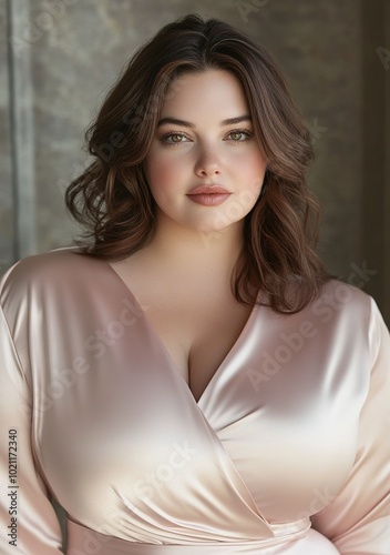 An elegant plus-size woman wearing an exquisite satin dress.