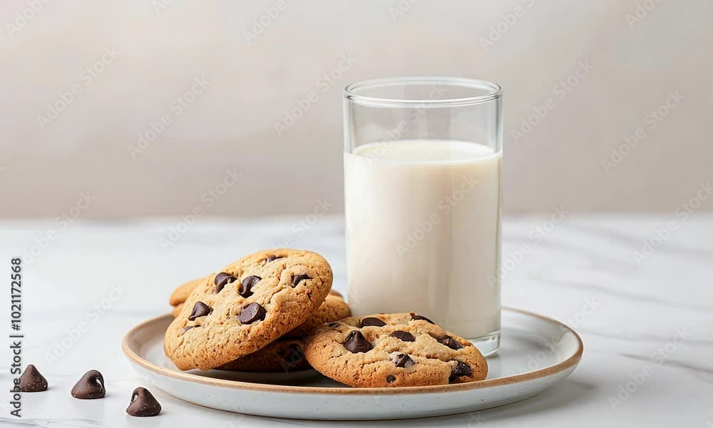 Chocolate chip cookies on a plate with a glass of milk, homey vibe Chocolate chip cookies on a plate with a glass of milk, homey vibe