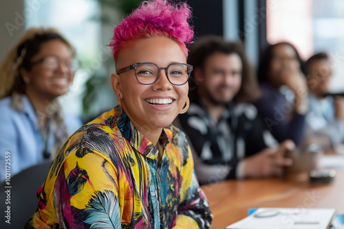 An inclusive business meeting with a non-binary person leading a presentation, surrounded by colleagues of various ethnicities nodding in agreement. happy, smile, professional photo. AI generated