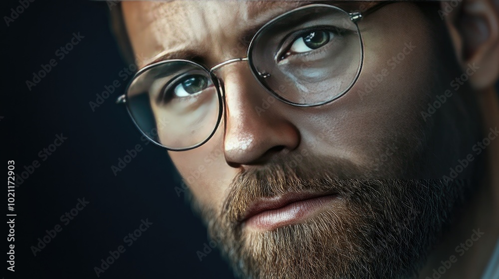 Close-up of a serious Caucasian man with glasses, showcasing detailed facial features and a thoughtful expression. Close-up of a serious Caucasian man with glasses, showcasing detailed facial features and a thoughtful expression.