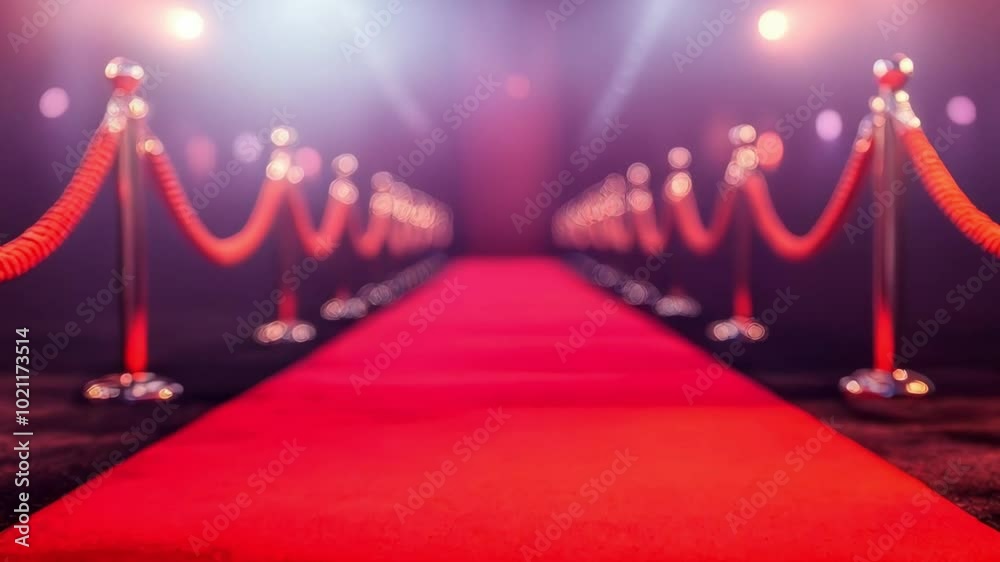 Red Carpet Lined with Golden Rope Barriers for a Film Festival, Formal Event with Spotlights in a Spacious Evening Venue Red Carpet Lined with Golden Rope Barriers for a Film Festival, Formal Event with Spotlights in a Spacious Evening Venue