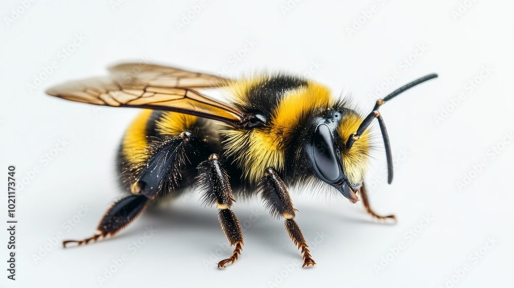 A yellow and black bee rests on a white background. A yellow and black bee rests on a white background.