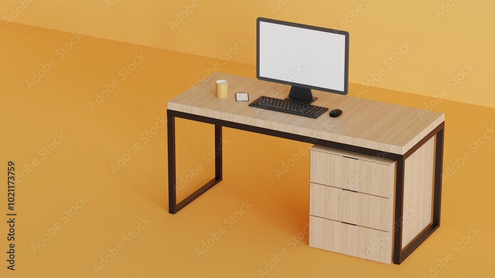 3d minimalist office desk setup with blank screen of computer monitor, coffee cup and office cupboard on isolated background with space for copy 3d minimalist office desk setup with blank screen of computer monitor, coffee cup and office cupboard on isolated background with space for copy