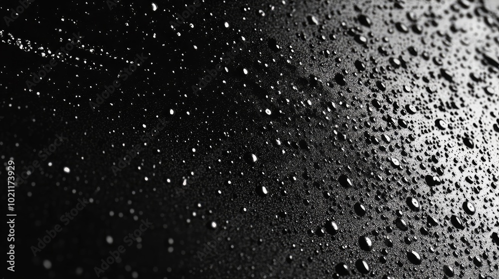 Obraz premium A close-up of water droplets on a black surface, showcasing a blend of light and shadow.