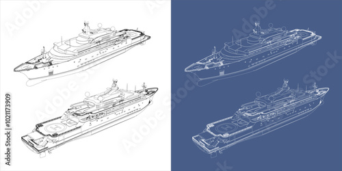 vector superyacht technical drawings. line super yacht blueprints in  isolated background