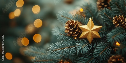 A beautifully decorated evergreen tree features a golden star ornament alongside natural pinecones. Warm, glowing lights create a cheerful atmosphere, capturing the spirit of celebration during the ho