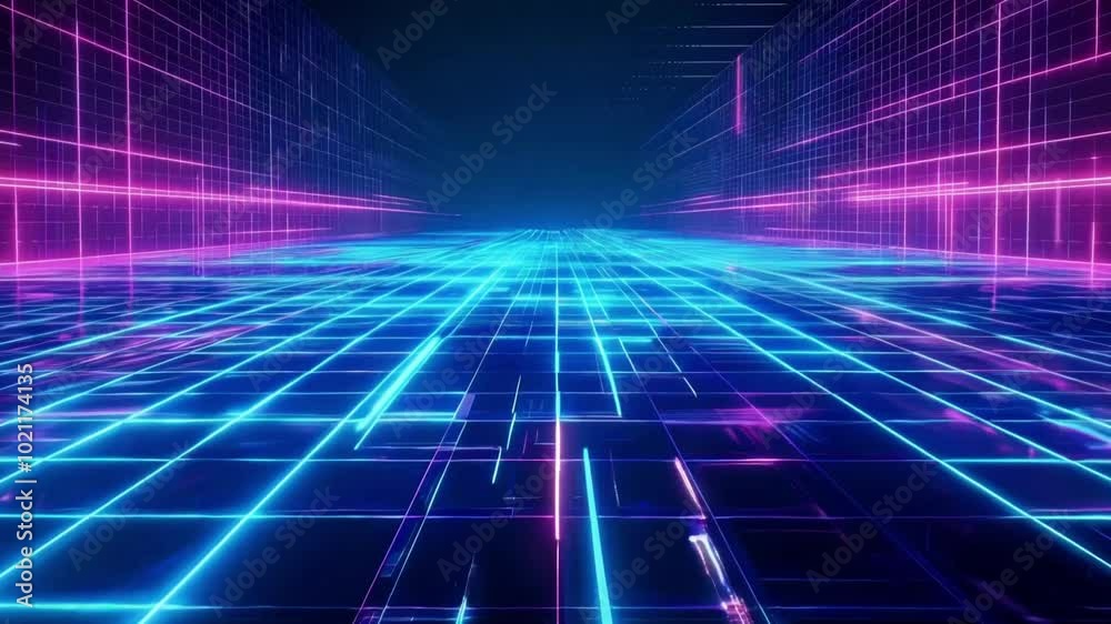 Futuristic Vibrant Digital Landscape with Neon Grids and Depth Perspective, Illuminating a Retro 80s Grid Pattern and Evoking Nostalgic Atmosphere, 4K Zoom In Futuristic Vibrant Digital Landscape with Neon Grids and Depth Perspective, Illuminating a Retro 80s Grid Pattern and Evoking Nostalgic Atmosphere, 4K Zoom In