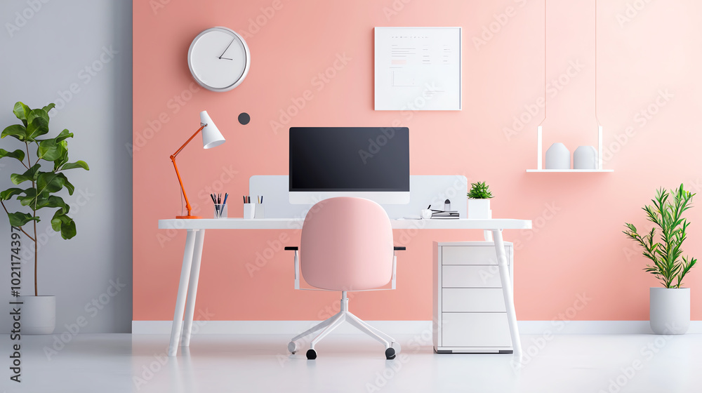 A modern home office featuring a stylish desk with a computer, a pink chair, and decorative plants against a coral wall backdrop. A modern home office featuring a stylish desk with a computer, a pink chair, and decorative plants against a coral wall backdrop.