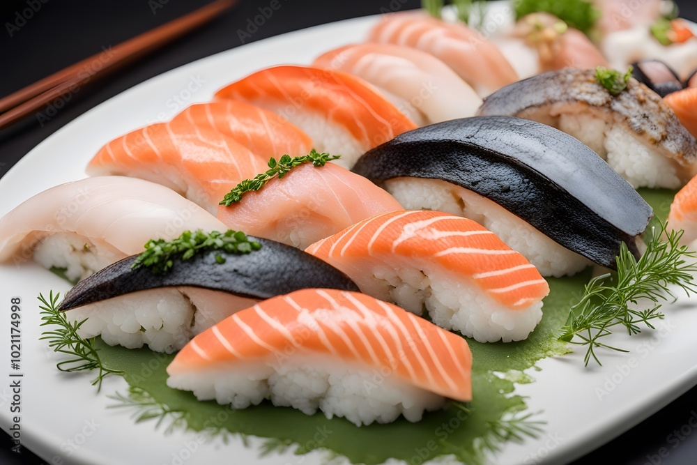A platter of nigiri sushi featuring a variety of fish like salmon eel shrimp and squid all garni, Ai Generated