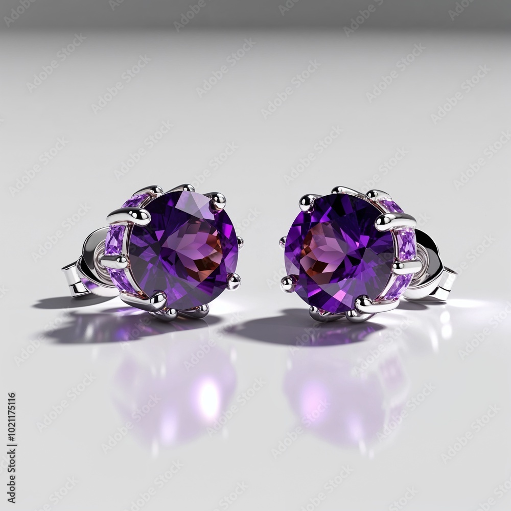 14k white gold stud earrings with amethyst purple elegance on plain white background 14k white gold stud earrings with amethyst purple elegance on plain white background