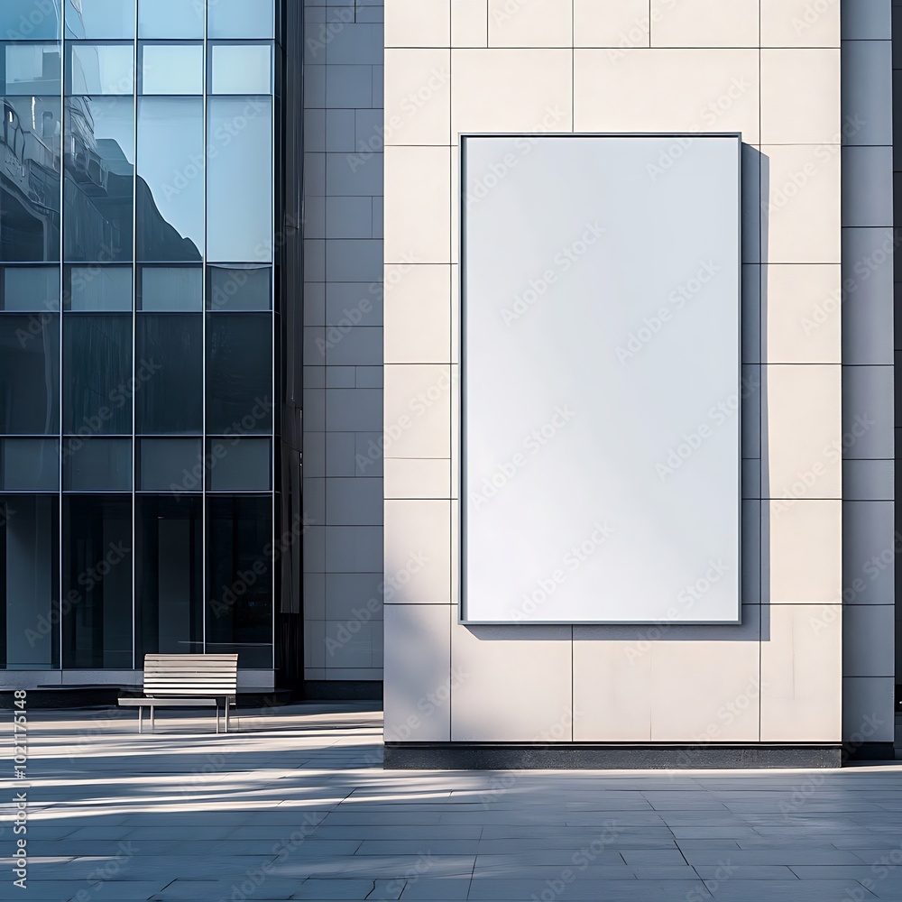 A modern building facade featuring a blank advertising panel and a bench in a spacious urban environment. A modern building facade featuring a blank advertising panel and a bench in a spacious urban environment.