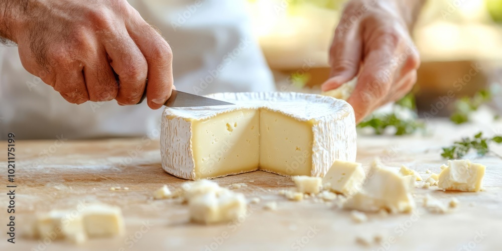 A close-up of a regional cheese wheel being cut, with textured hands and a rustic table, showcasing artisanal craftsmanship, cheese, regional, dairy, artisan close-up A close-up of a regional cheese wheel being cut, with textured hands and a rustic table, showcasing artisanal craftsmanship, cheese, regional, dairy, artisan close-up