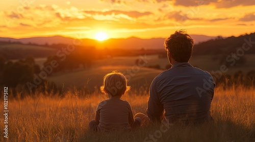 Father and Son Silhouetted Against a Setting Sun