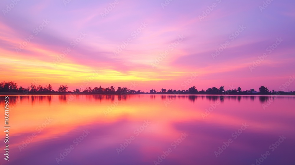 Fototapeta premium Serene Sunset at Unseen Thailand Lake - Vibrant Colors, Tree Silhouettes, Detailed Reflections