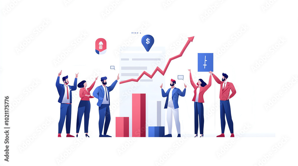 Diverse group of professionals analyzing financial growth with charts and graphs. Bright colors convey a sense of teamwork and success. Diverse group of professionals analyzing financial growth with charts and graphs. Bright colors convey a sense of teamwork and success.