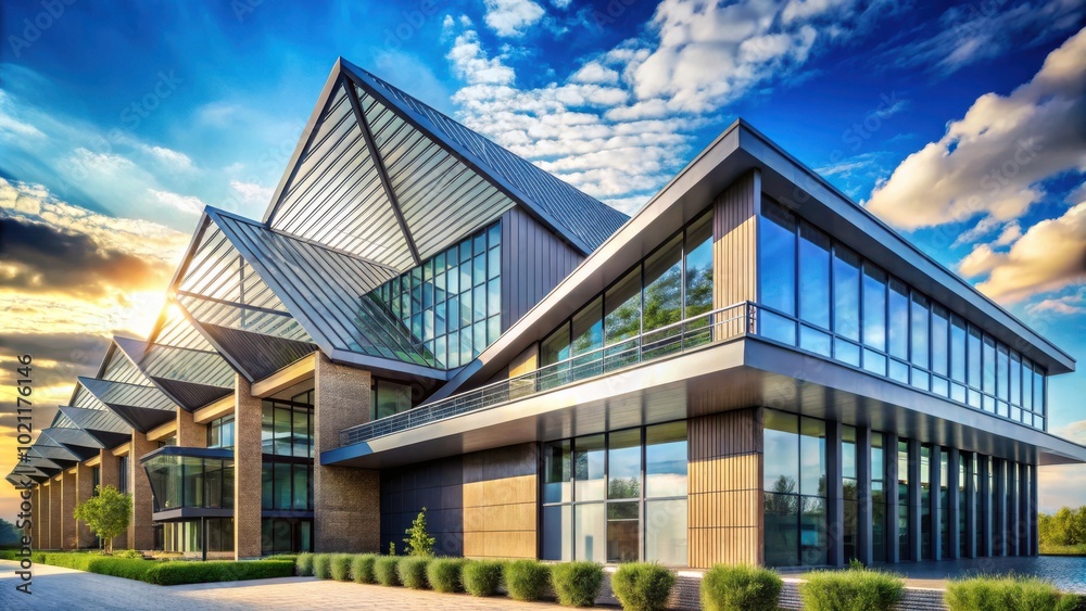 Fototapeta premium Modern architectural design with a geometric roof and expansive windows, showcasing a contemporary building against a bright sky.