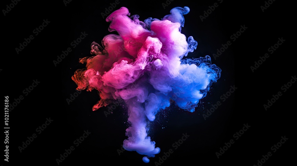 Fototapeta premium Abstract colorful smoke cloud in vibrant pink and blue hues against a black background.