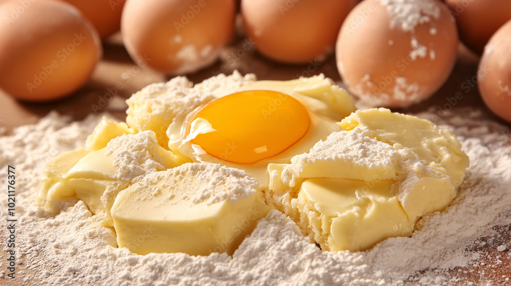 Ingredients for flour and broken eggs on a pile of wheat flour, pastries on a wooden table, bread ingredients, and Christmas cooking Ingredients for flour and broken eggs on a pile of wheat flour, pastries on a wooden table, bread ingredients, and Christmas cooking