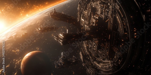 Fototapeta Naklejka Na Ścianę i Meble -  Futuristic space station orbiting a distant planet with a glowing horizon.