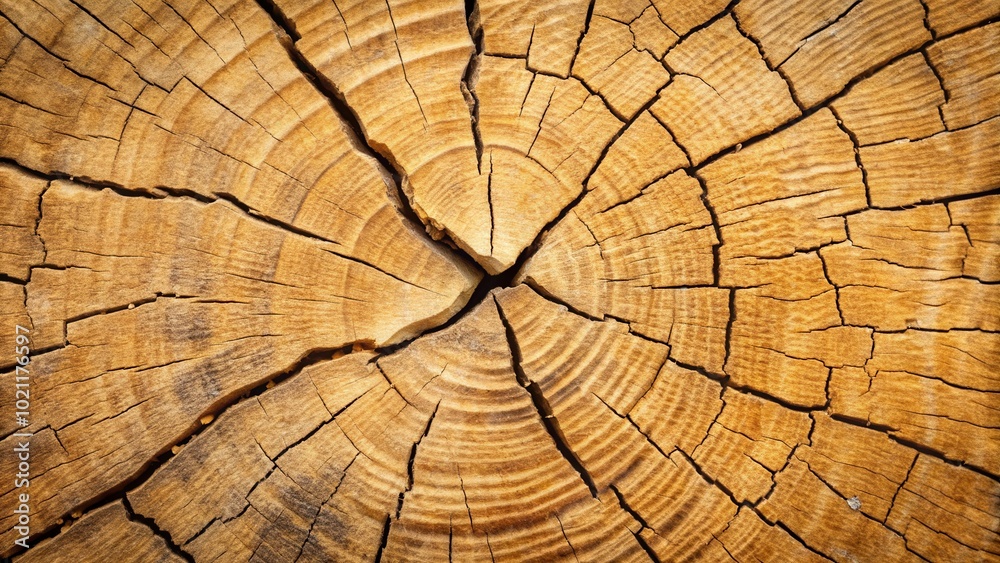 Fototapeta premium Close-up of a weathered tree stump with deep cracks revealing the intricate patterns of its growth rings.