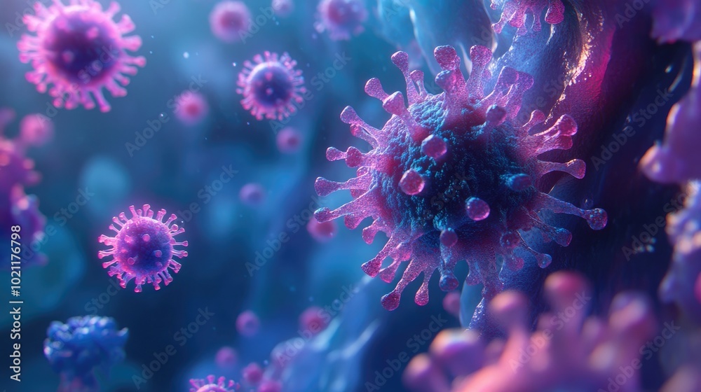 A vibrant and detailed illustration of virus particles in dynamic colors, creating an otherworldly and scientific atmosphere. A vibrant and detailed illustration of virus particles in dynamic colors, creating an otherworldly and scientific atmosphere.