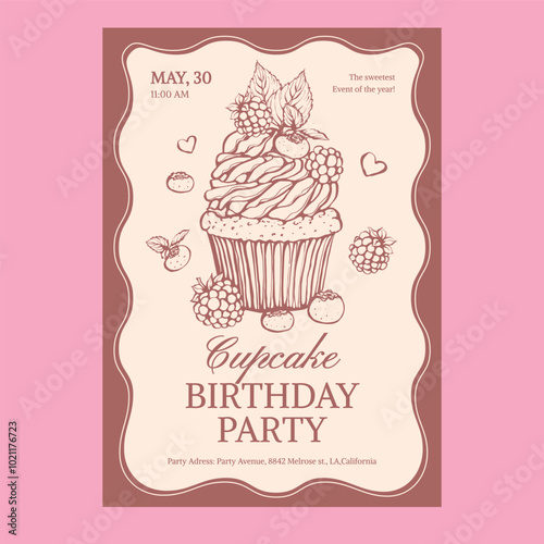 Vector birthday invitation with line illustration of cupcake with berries, cream, and chocolate