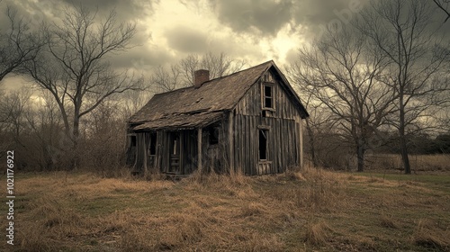 Age-worn wooden abode, forsaken and crumbling