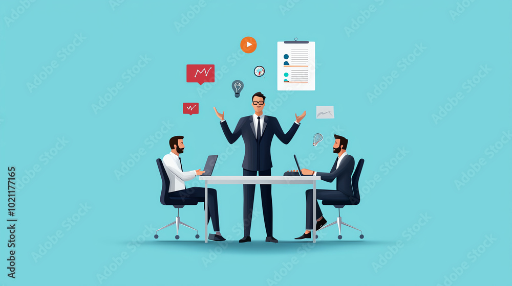 Obraz premium Professional teamwork scene with two colleagues and a manager collaborating at a table, surrounded by digital communication icons, bright background.