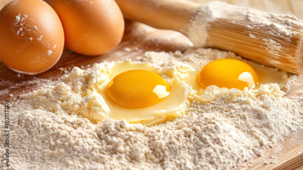 Ingredients for flour and broken eggs on a pile of wheat flour, pastries on a wooden table, bread ingredients, and Christmas cooking Ingredients for flour and broken eggs on a pile of wheat flour, pastries on a wooden table, bread ingredients, and Christmas cooking