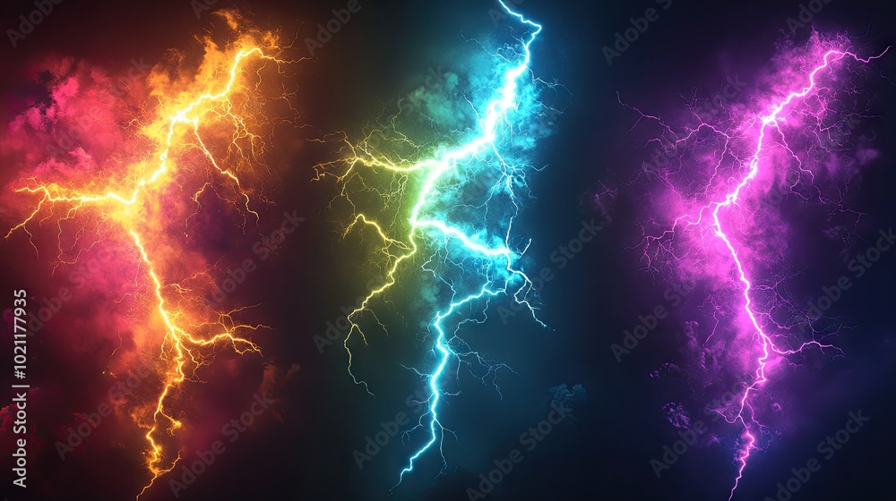 Obraz premium Vibrant lightning bolts illuminate a dark stormy sky in shades of orange, blue, and purple, creating a dramatic and electrifying atmosphere.