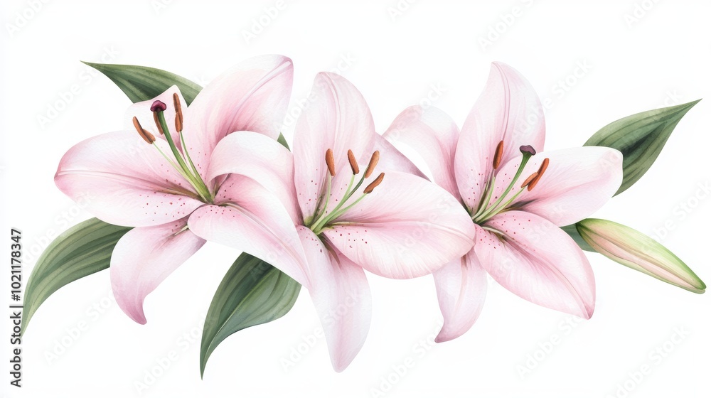 Beautiful watercolor pink lilies in full bloom, ideal for floral stationery, romantic wedding invitations, or nature-themed decor Beautiful watercolor pink lilies in full bloom, ideal for floral stationery, romantic wedding invitations, or nature-themed decor
