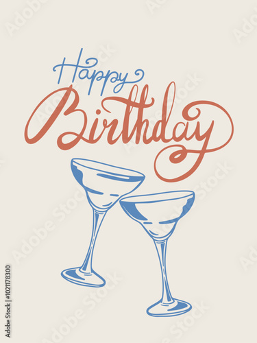 Happy birthday lettering, greeting card with glasses 