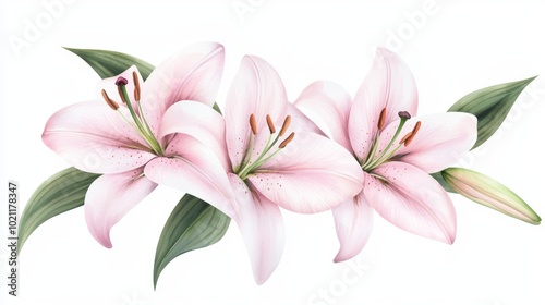 Beautiful watercolor pink lilies in full bloom, ideal for floral stationery, romantic wedding invitations, or nature-themed decor