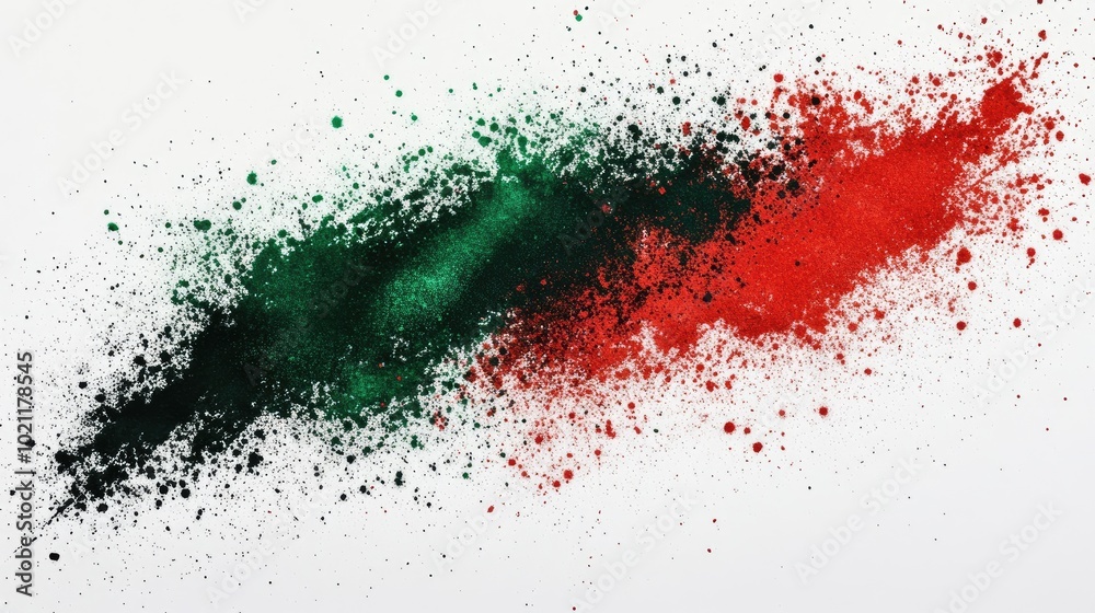 Obraz premium Colorful explosion of green, red, and black powder creating a dynamic abstract art piece.