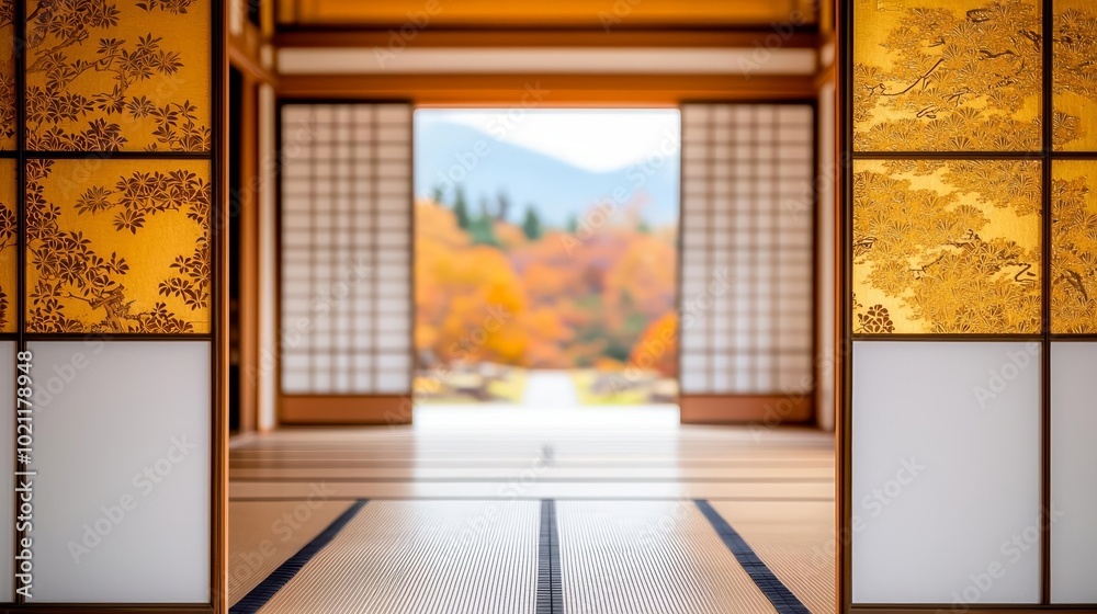 Fototapeta premium Classic Japanese aesthetics in a high-class room, gold paintings and a serene autumn landscape