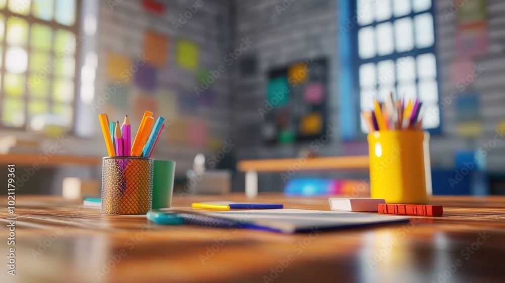 Neatly Arranged School Supplies on Classroom Table Neatly Arranged School Supplies on Classroom Table
