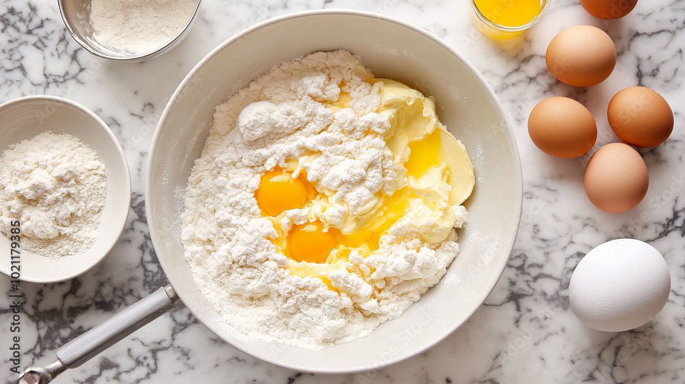 Ingredients for flour and broken eggs on a pile of wheat flour, pastries on a wooden table, bread ingredients, and Christmas cooking Ingredients for flour and broken eggs on a pile of wheat flour, pastries on a wooden table, bread ingredients, and Christmas cooking