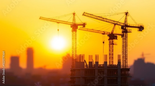 Epic sunset casting golden hues over construction cranes and building site, dynamic city expansion