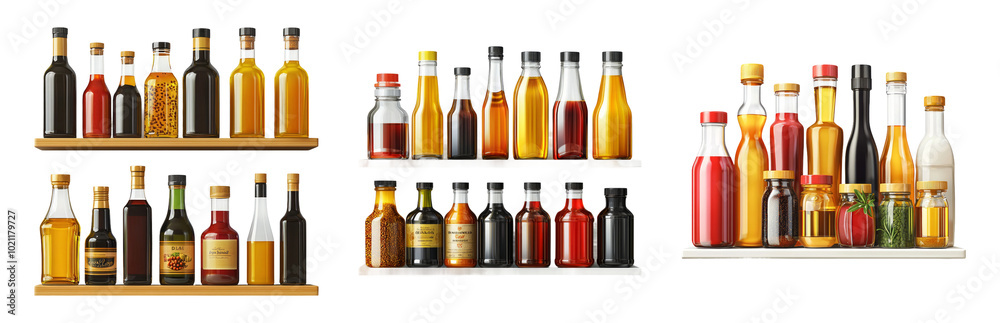 Assorted Bottles on Shelves in a Kitchen Environment Isolated on Transparent Background Assorted Bottles on Shelves in a Kitchen Environment Isolated on Transparent Background