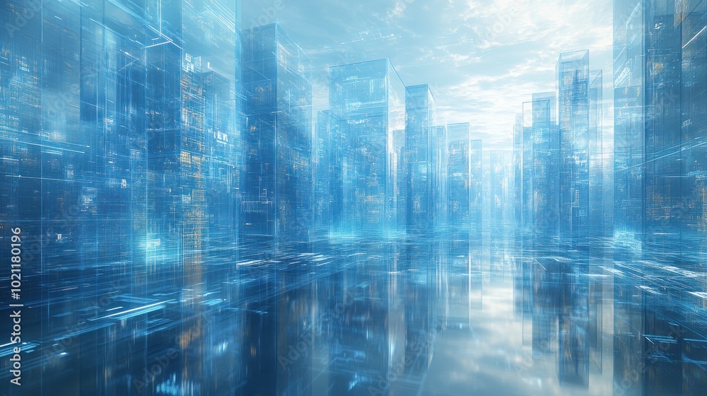 Futuristic cityscape with transparent structures and reflective water. Futuristic cityscape with transparent structures and reflective water.
